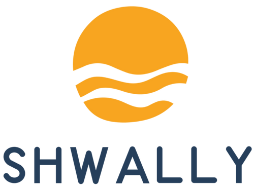 Logo of SHWALLY with an orange sun and wavy lines on a white background